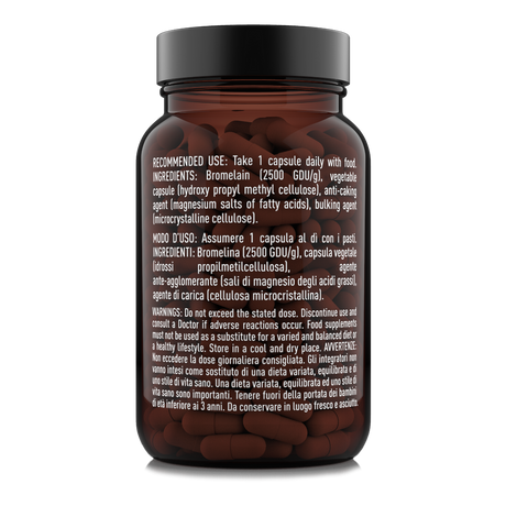 Etichetta posteriore destra Nätoo Bromelain: modo d'uso (1 capsula al dì con i pasti), lista ingredienti completa in italiano e inglese (bromellina 2500 GDU/g, capsula vegetale in idrossipropilmetilcellulosa, sali di magnesio, cellulosa microcristallina) e avvertenze