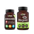 Bundle Nätoo Calma e Memoria Pack in capsule – due barattoli in vetro: Ashwagandha KSM-66® BIO 60 capsule e Magtein® Magnesio L-Treonato 120 capsule, su sfondo nero