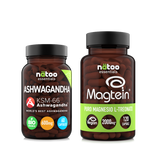 Bundle Nätoo Calma e Memoria Pack in capsule – due barattoli in vetro: Ashwagandha KSM-66® BIO 60 capsule e Magtein® Magnesio L-Treonato 120 capsule, su sfondo nero