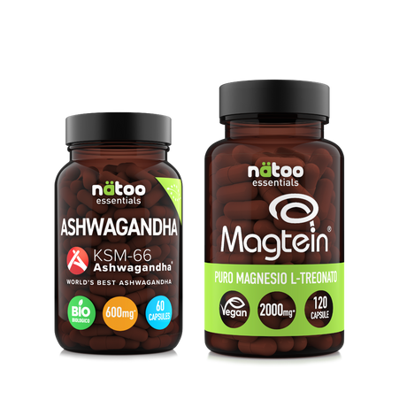 Bundle Nätoo Calma e Memoria Pack in capsule – due barattoli in vetro: Ashwagandha KSM-66® BIO 60 capsule e Magtein® Magnesio L-Treonato 120 capsule, su sfondo nero