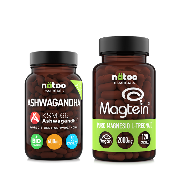 Bundle Nätoo Calma e Memoria Pack in capsule – due barattoli in vetro: Ashwagandha KSM-66® BIO 60 capsule e Magtein® Magnesio L-Treonato 120 capsule, su sfondo nero