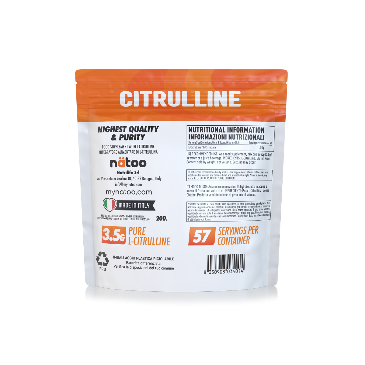 Retro busta Nätoo Citrullina in polvere 200g con tabella nutrizionale: 3500mg di L-Citrullina per misurino, ingredienti e modo d'uso