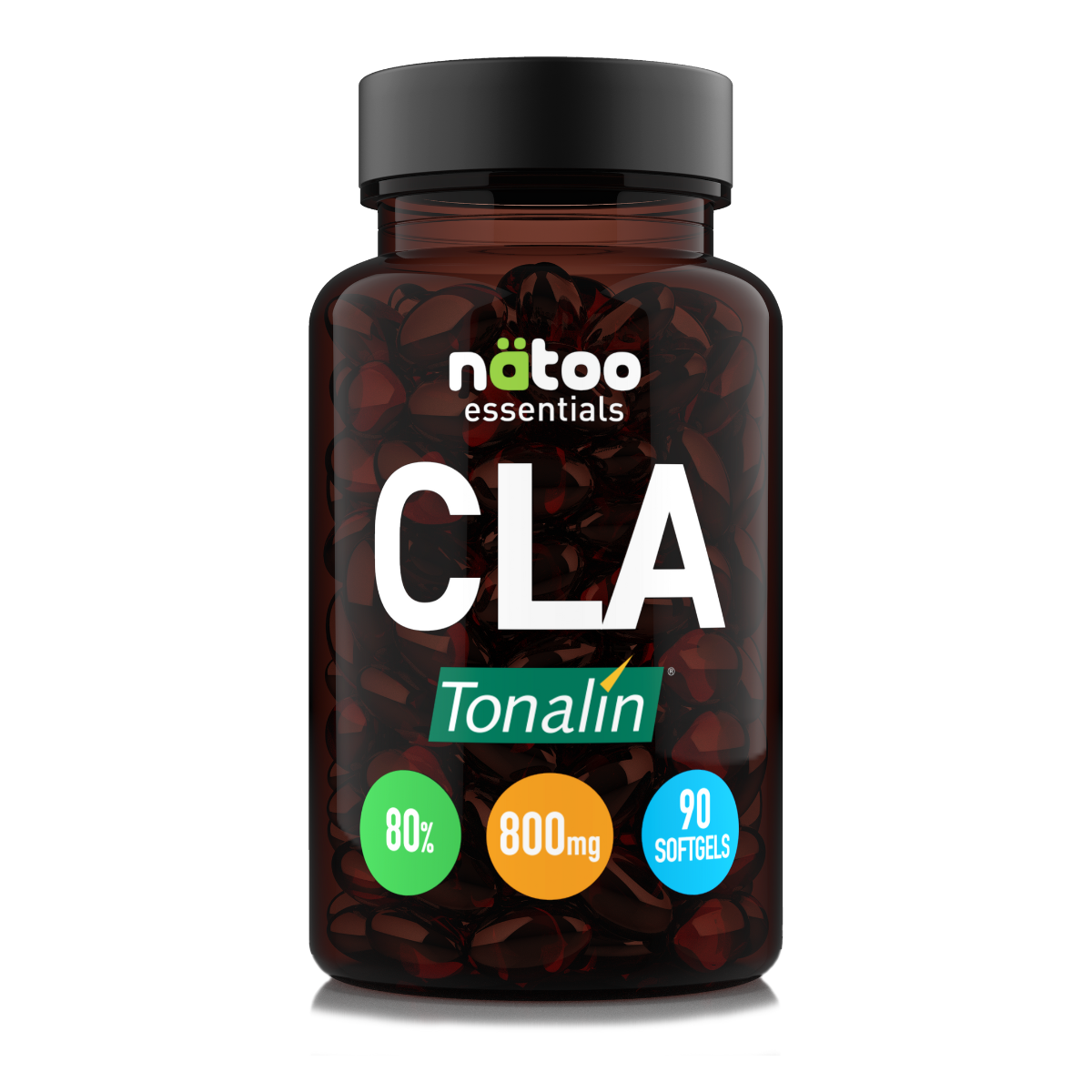 Barattolo in vetro Nätoo CLA Tonalin® Essentials – 90 softgel, 2400mg di acido linoleico coniugato per dose, 80% CLA attivo, vista frontale
