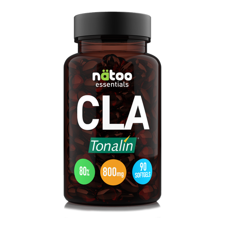 Barattolo in vetro Nätoo CLA Tonalin® Essentials – 90 softgel, 2400mg di acido linoleico coniugato per dose, 80% CLA attivo, vista frontale