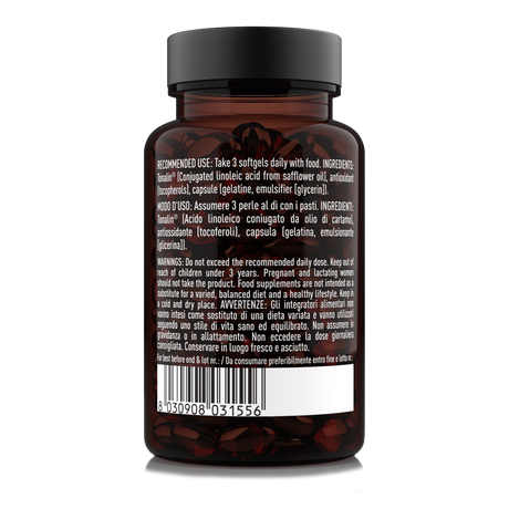 Etichetta laterale destra Nätoo CLA Tonalin® con ingredienti, modo d'uso e avvertenze – integratore acido linoleico coniugato in softgel