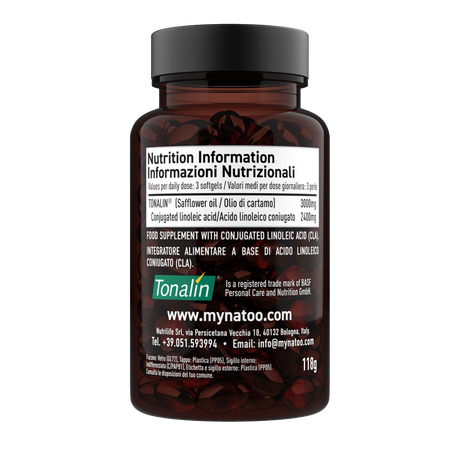 Etichetta laterale sinistra Nätoo CLA Tonalin® con tabella nutrizionale: 3000mg di Tonalin® e 2400mg di acido linoleico coniugato per dose di 3 softgel