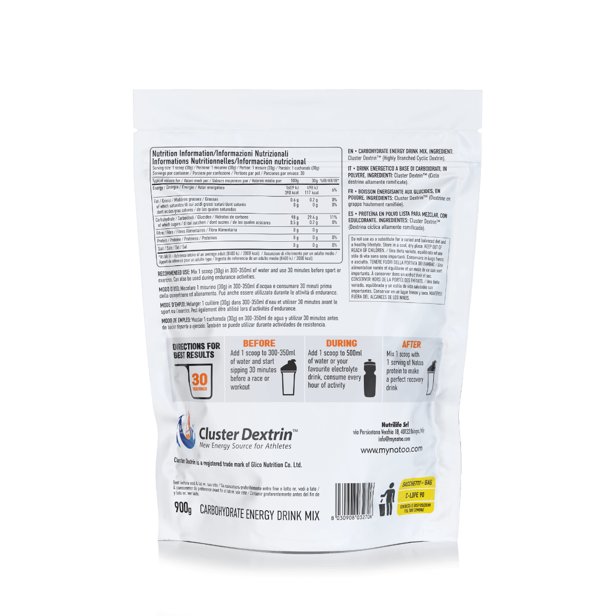 Retro busta Nätoo Cluster Dextrin™ 900g con tabella nutrizionale, istruzioni d'uso prima durante e dopo l'allenamento, e logo Cluster Dextrin™ Glico Nutrition