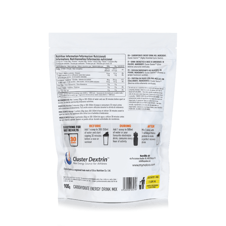 Retro busta Nätoo Cluster Dextrin™ 900g con tabella nutrizionale, istruzioni d'uso prima durante e dopo l'allenamento, e logo Cluster Dextrin™ Glico Nutrition
