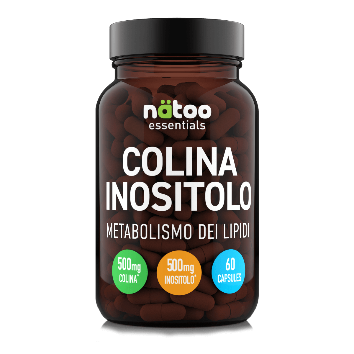 Barattolo in vetro Nätoo Colina Inositolo Essentials – 500mg Colina Bitartrato + 500mg Inositolo per dose, 60 capsule vegetali vegane, vista frontale