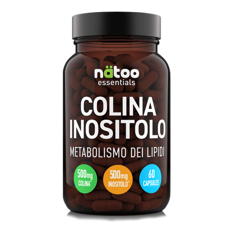 Barattolo in vetro Nätoo Colina Inositolo Essentials – 500mg Colina Bitartrato + 500mg Inositolo per dose, 60 capsule vegetali vegane, vista frontale