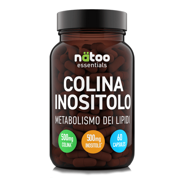 Barattolo in vetro Nätoo Colina Inositolo Essentials – 500mg Colina Bitartrato + 500mg Inositolo per dose, 60 capsule vegetali vegane, vista frontale