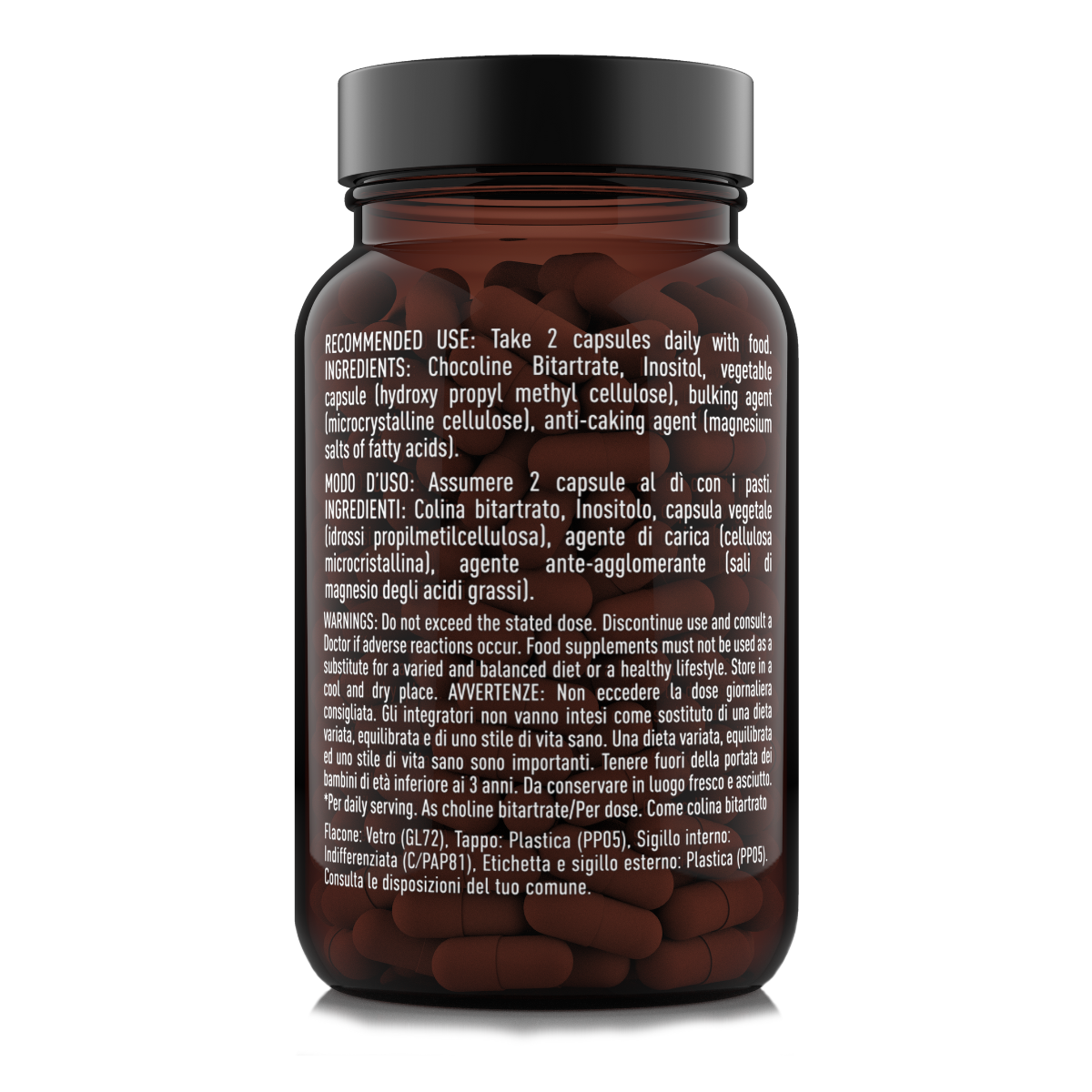 Etichetta laterale destra Nätoo Colina Inositolo con ingredienti completi, modo d'uso e avvertenze – integratore in capsule vegetali vegane