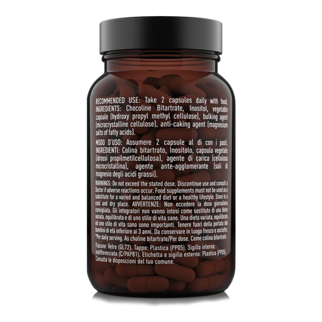 Etichetta laterale destra Nätoo Colina Inositolo con ingredienti completi, modo d'uso e avvertenze – integratore in capsule vegetali vegane