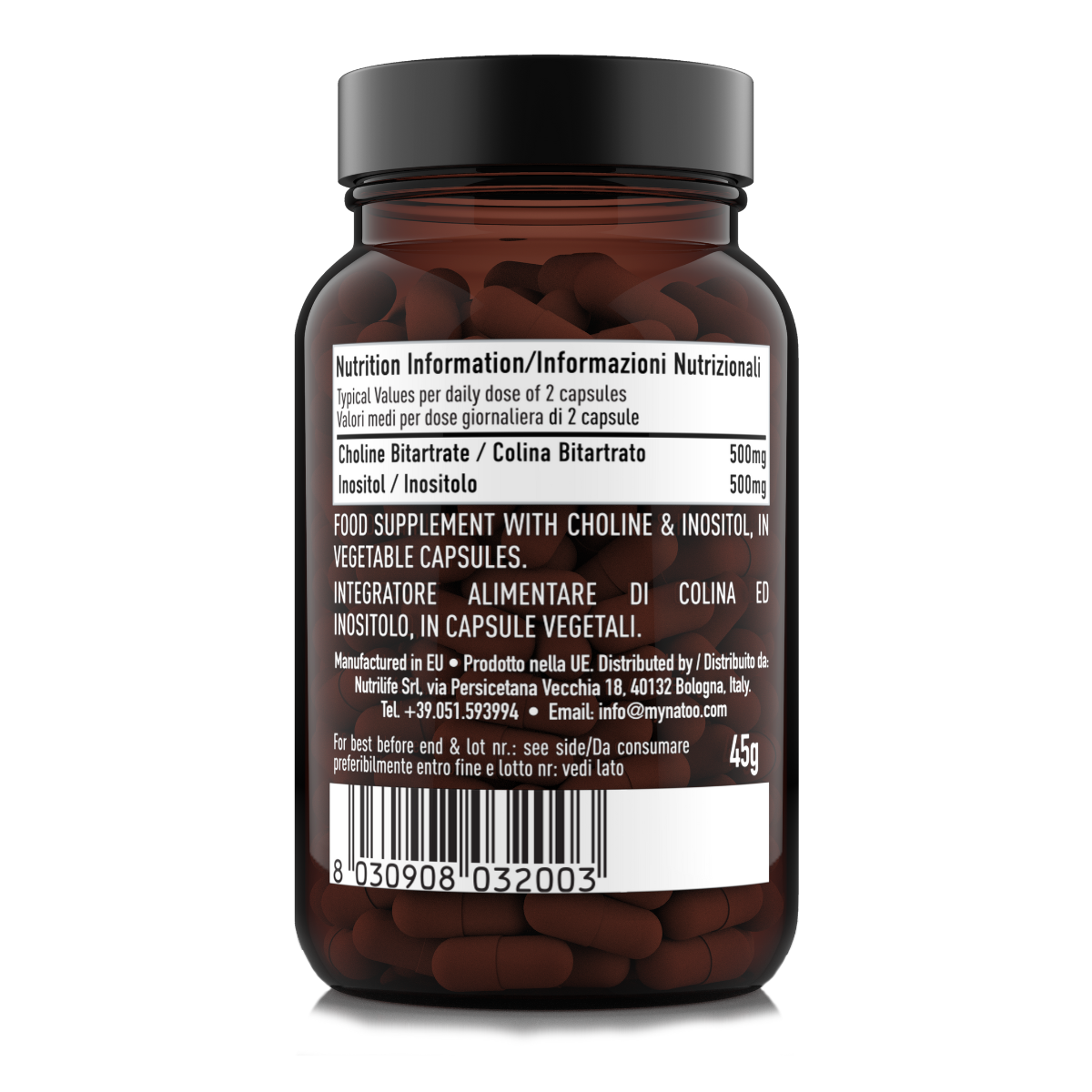Etichetta laterale sinistra Nätoo Colina Inositolo con tabella nutrizionale: 500mg Colina Bitartrato e 500mg Inositolo per dose giornaliera di 2 capsule