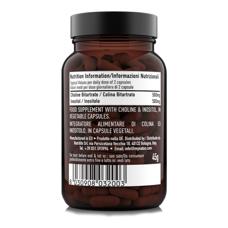 Etichetta laterale sinistra Nätoo Colina Inositolo con tabella nutrizionale: 500mg Colina Bitartrato e 500mg Inositolo per dose giornaliera di 2 capsule
