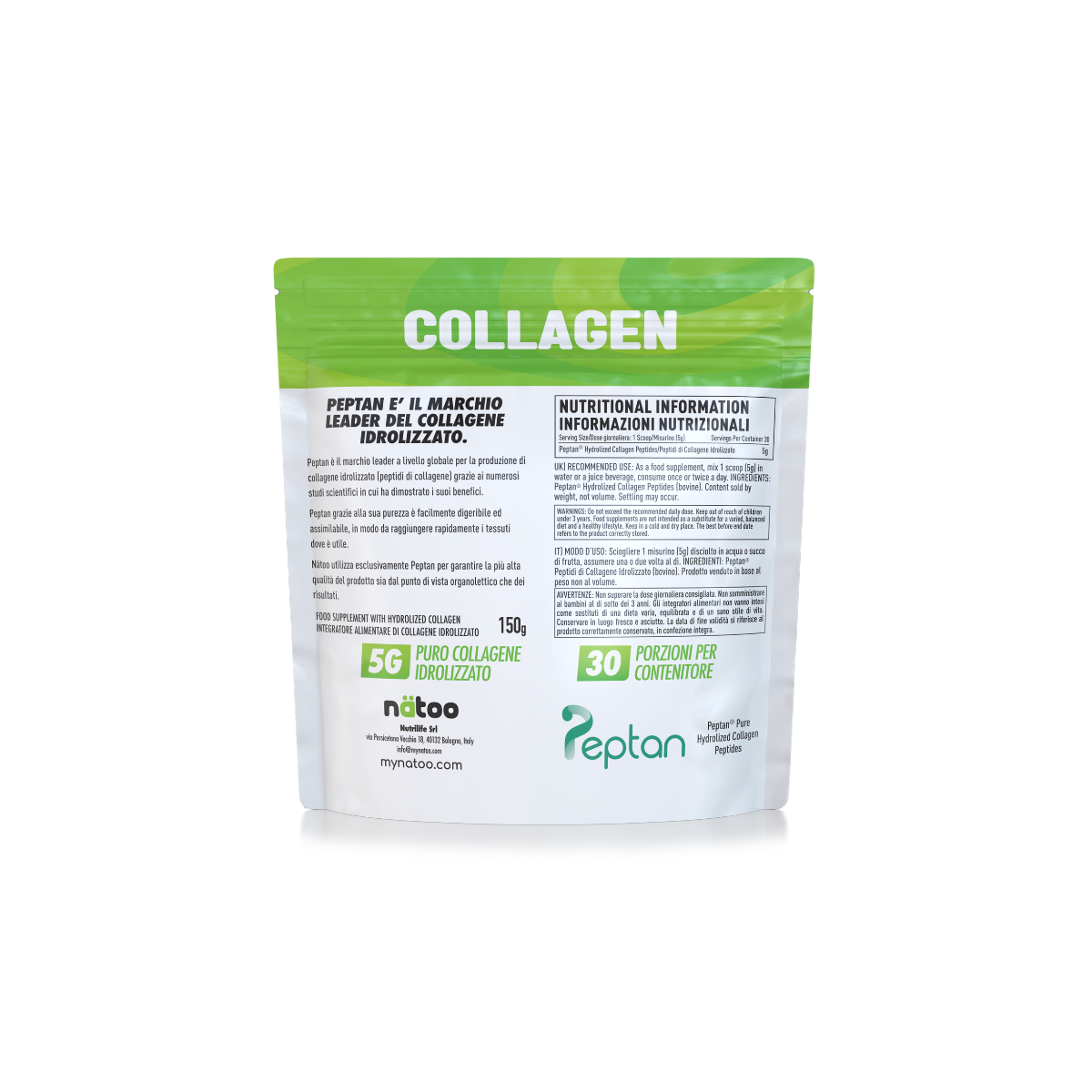 Retro della busta Nätoo Collagen da 150 g: tabella nutrizionale, 5 g di collagene idrolizzato Peptan bovino per misurino, modo d'uso e avvertenze