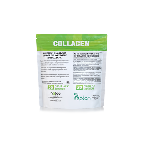 Retro della busta Nätoo Collagen da 150 g: tabella nutrizionale, 5 g di collagene idrolizzato Peptan bovino per misurino, modo d'uso e avvertenze