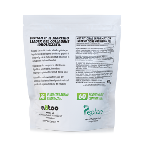 Retro busta Nätoo Collagene Peptan® 300g con tabella nutrizionale, note sul marchio leader Peptan, modo d'uso e ingredienti
