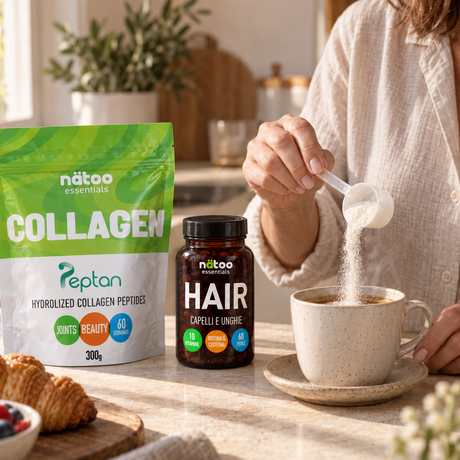 Routine mattutina, donna con msurino da 5 g di Collagene Peptan Nätoo mentre lo scioglie ne caffè.