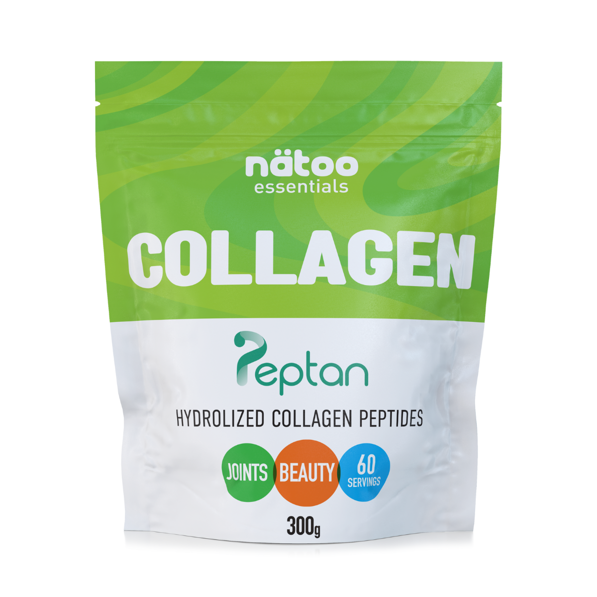 Busta Nätoo Collagen Essentials con Peptan® Hydrolized Collagen Peptides – polvere neutra 300g 60 porzioni, per articolazioni e bellezza, vista frontale