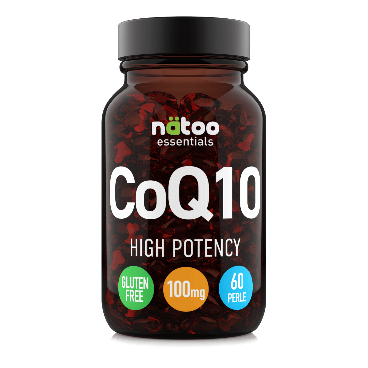 Barattolo in vetro Nätoo CoQ10 High Potency 100mg – 60 perle softgel senza glutine, vettore olio di semi di lino, vista frontale