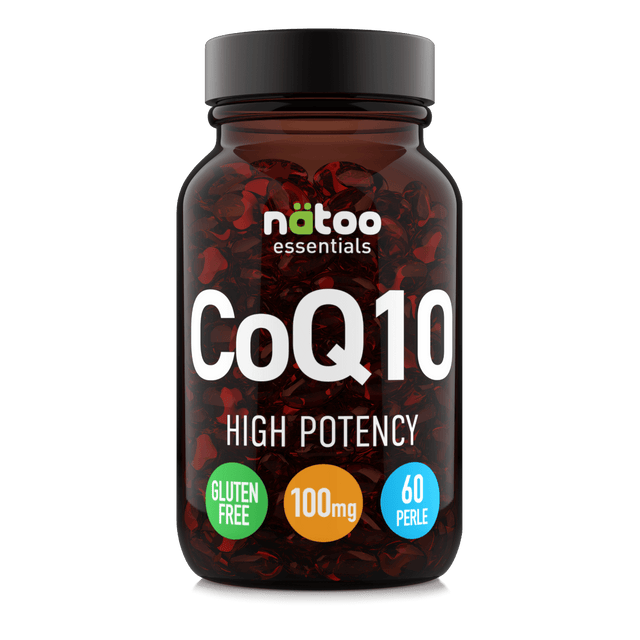 Barattolo in vetro Nätoo CoQ10 High Potency 100mg – 60 perle softgel senza glutine, vettore olio di semi di lino, vista frontale