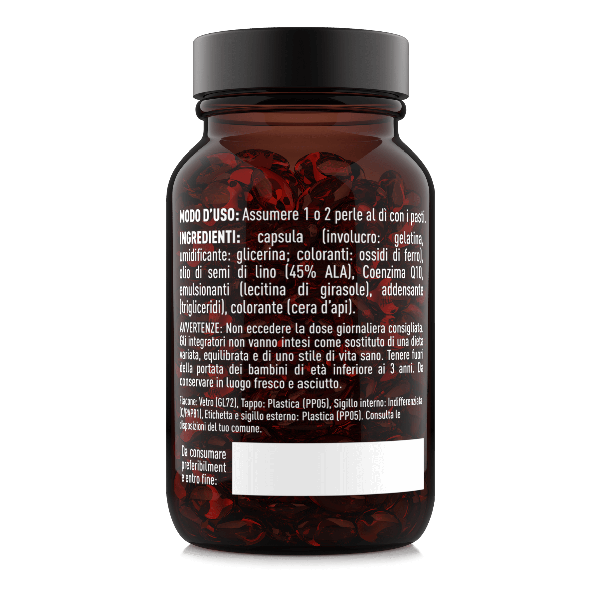 Etichetta laterale destra Nätoo CoQ10 100mg con ingredienti: softgel con olio di semi di lino ALA, lecitina di girasole, modo d'uso e avvertenze
