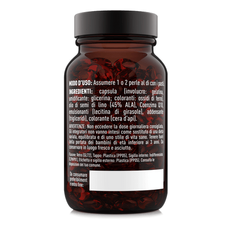 Etichetta laterale destra Nätoo CoQ10 100mg con ingredienti: softgel con olio di semi di lino ALA, lecitina di girasole, modo d'uso e avvertenze