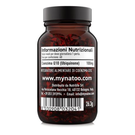 Etichetta laterale sinistra Nätoo CoQ10 100mg con tabella nutrizionale: 100mg di Coenzima Q10 (Ubiquinone) per dose giornaliera, 60 dosi per confezione