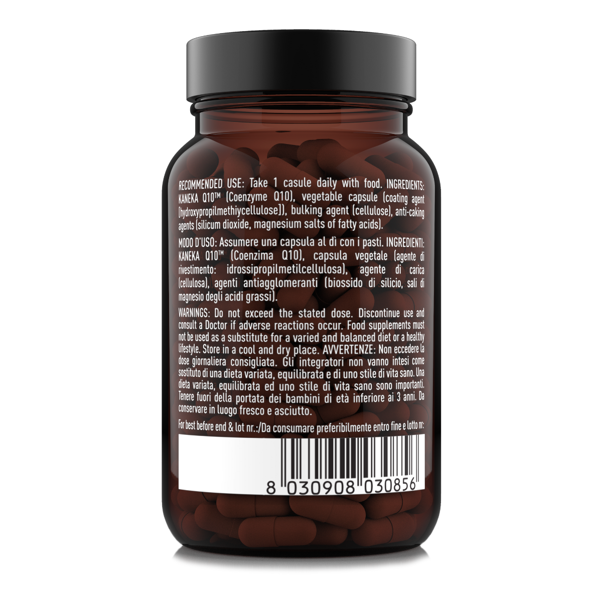 Etichetta laterale destra Nätoo CoQ10 Kaneka Q10™ con ingredienti, nota sulla fermentazione su lieviti e avvertenze