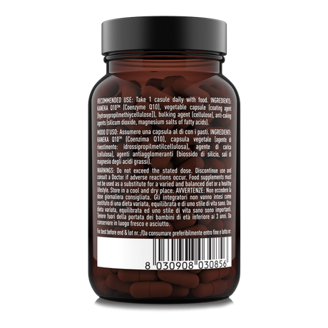 Etichetta laterale destra Nätoo CoQ10 Kaneka Q10™ con ingredienti, nota sulla fermentazione su lieviti e avvertenze