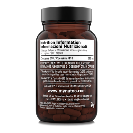 Etichetta laterale sinistra Nätoo CoQ10 Kaneka Q10™ con tabella nutrizionale: 200mg di Coenzima Q10 per dose giornaliera di 1 capsula