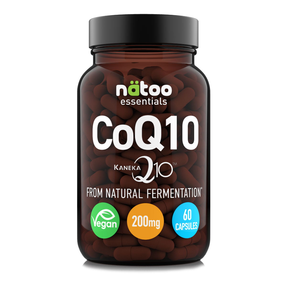 Barattolo in vetro Nätoo CoQ10 Kaneka Q10™ 200mg – 60 capsule vegetali vegane da fermentazione naturale, vista frontale