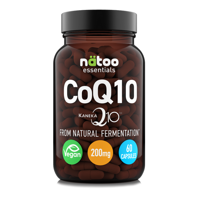 Barattolo in vetro Nätoo CoQ10 Kaneka Q10™ 200mg – 60 capsule vegetali vegane da fermentazione naturale, vista frontale