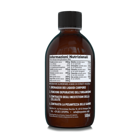 Etichetta posteriore Nätoo Drena Boost 500ml con tabella nutrizionale: 11 estratti vegetali per dose da 30ml, con tè verde, centella, tarassaco, ortosiphon, ortica e altri – claim drenaggio, depurazione, cellulite, pesantezza gambe