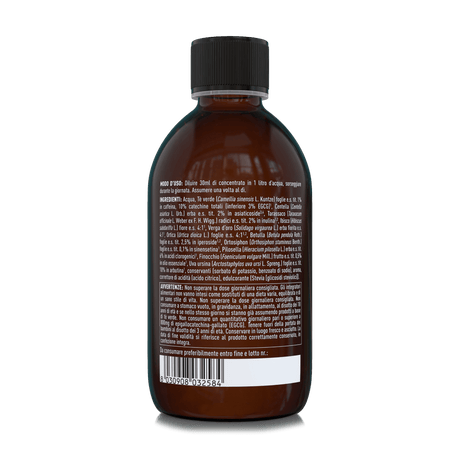 Etichetta posteriore Nätoo Drena Boost 500ml con lista ingredienti completa: 11 estratti vegetali botanici (tè verde, centella, tarassaco, ibisco, verga d'oro, ortica, betulla, ortosiphon, pilosella, finocchio, uva ursina), conservanti, aroma, acido citrico, edulcorante Stevia – avvertenze EGCG e tè verde in evidenza