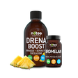 Bundle Nätoo Drena Pack – bottiglia Drena Boost 500ml concentrato e barattolo Bromelain 60 capsule, con fette di ananas, su sfondo bianco