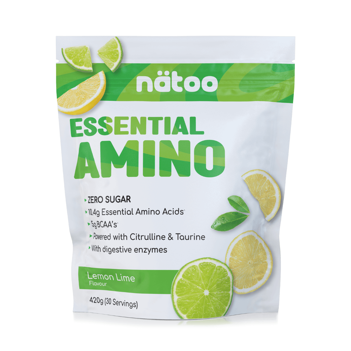 Confezione Nätoo Essential Amino gusto Lemon Lime Formato 420g (30 porzioni) – integratore di aminoacidi essenziali EAA e BCAA 2:1:1, zero zuccheri, con Glutammina, Citrullina e Taurina ed enzimi digestivi