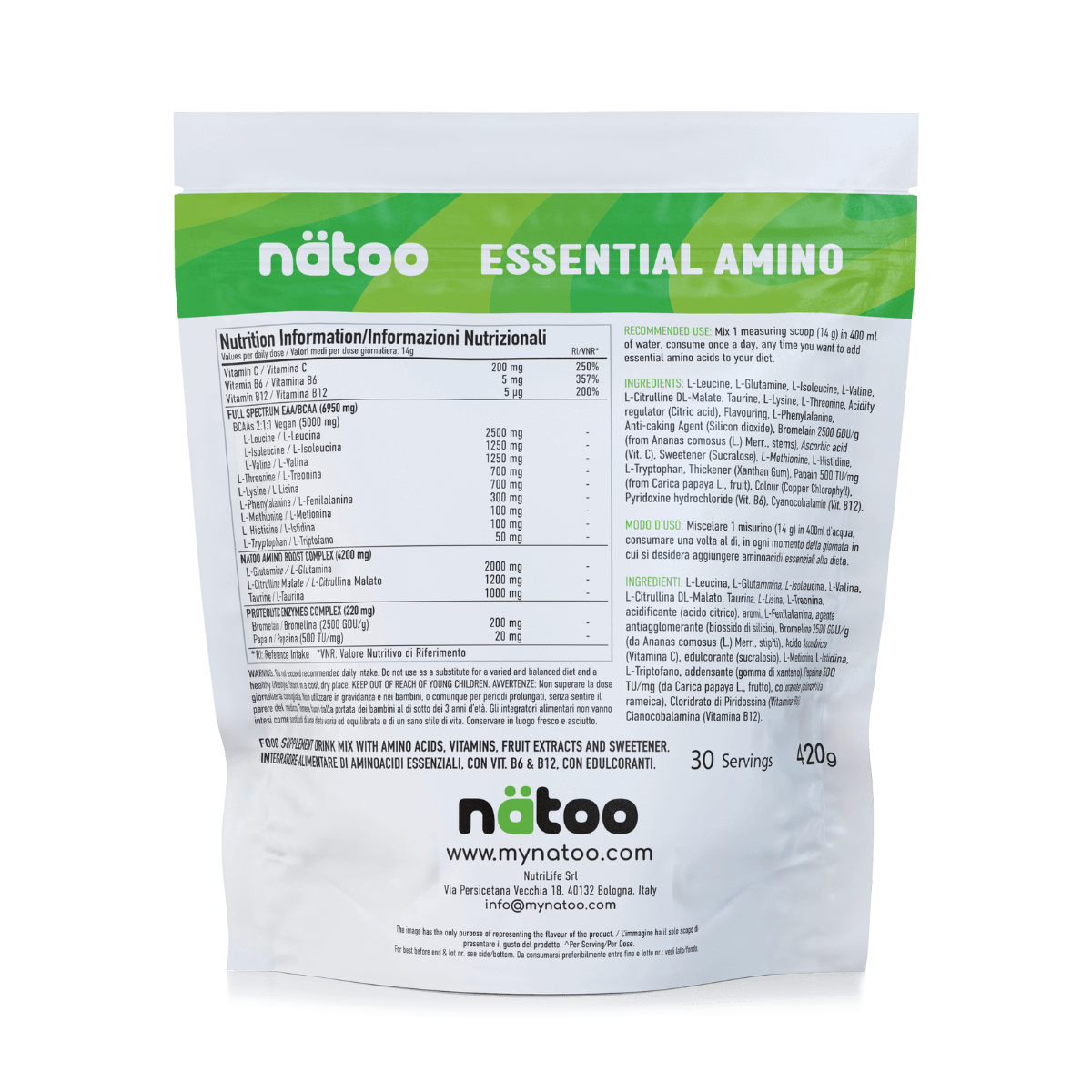 Etichetta posteriore Nätoo Essential Amino gusto Lemon Lime 420g con tabella nutrizionale: EAA/BCAA full spectrum 6950mg, Amino Boost Complex (Glutammina, Citrullina Malato, Taurina), Vitamina C 200mg, B6 5mg, B12 5µg, enzimi digestivi Bromelina e Papaina