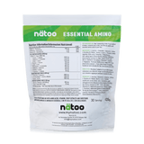 Etichetta posteriore Nätoo Essential Amino gusto Lemon Lime 420g con tabella nutrizionale: EAA/BCAA full spectrum 6950mg, Amino Boost Complex (Glutammina, Citrullina Malato, Taurina), Vitamina C 200mg, B6 5mg, B12 5µg, enzimi digestivi Bromelina e Papaina