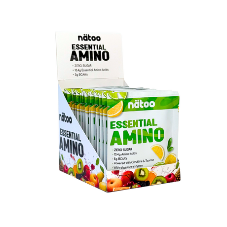 Confezione Nätoo Essential Amino monoporzioni gusto Lemon Lime, 20 bustine da 14g – aminoacidi essenziali EAA e BCAA pronti all'uso, zero zuccheri, ideali da borsone o ufficio