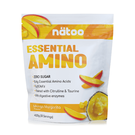 Confezione Nätoo Essential Amino gusto Mango Margarita formato 420g (30 porzioni) – integratore di aminoacidi essenziali EAA e BCAA 2:1:1, zero zuccheri, con Glutammina, Citrullina e Taurina ed enzimi digestivi