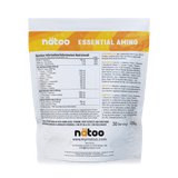 Etichetta posteriore Nätoo Essential Amino gusto Mango Margarita 420g con tabella nutrizionale: EAA/BCAA full spectrum 6950mg, Amino Boost Complex (Glutammina, Citrullina Malato, Taurina), Vitamina C 200mg, B6 5mg, B12 5µg, enzimi digestivi Bromelina e Papaina