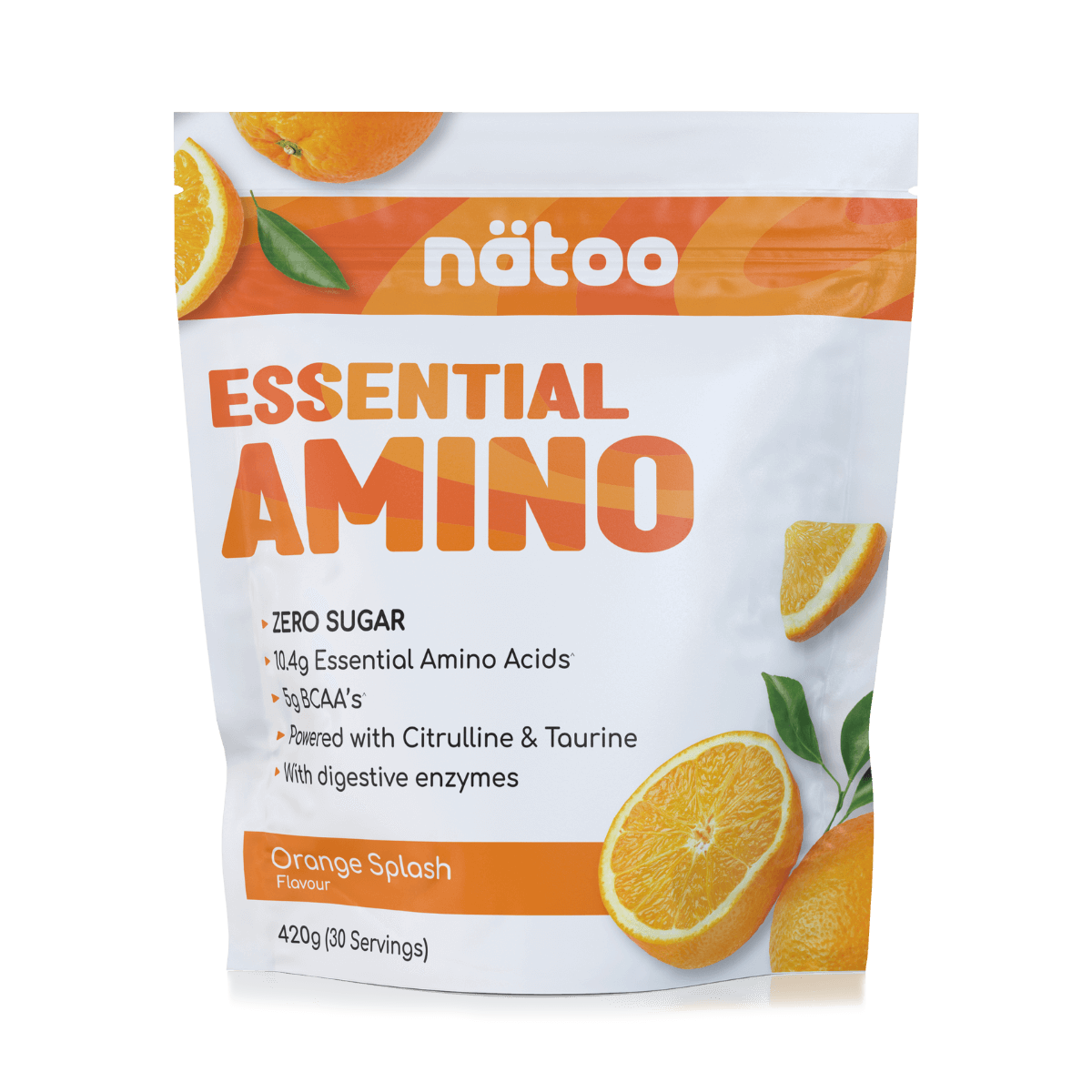 Confezione Nätoo Essential Amino gusto Orange Splash formato 420g (30 porzioni) – integratore di aminoacidi essenziali EAA e BCAA 2:1:1, zero zuccheri, con Glutammina, Citrullina e Taurina ed enzimi digestivi