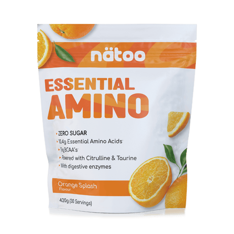 Confezione Nätoo Essential Amino gusto Orange Splash formato 420g (30 porzioni) – integratore di aminoacidi essenziali EAA e BCAA 2:1:1, zero zuccheri, con Glutammina, Citrullina e Taurina ed enzimi digestivi