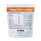 Etichetta posteriore Nätoo Essential Amino gusto Orange Splash 420g con tabella nutrizionale: EAA/BCAA full spectrum 6950mg, Amino Boost Complex (Glutammina, Citrullina Malato, Taurina), Vitamina C 200mg, B6 5mg, B12 5µg, enzimi digestivi Bromelina e Papaina