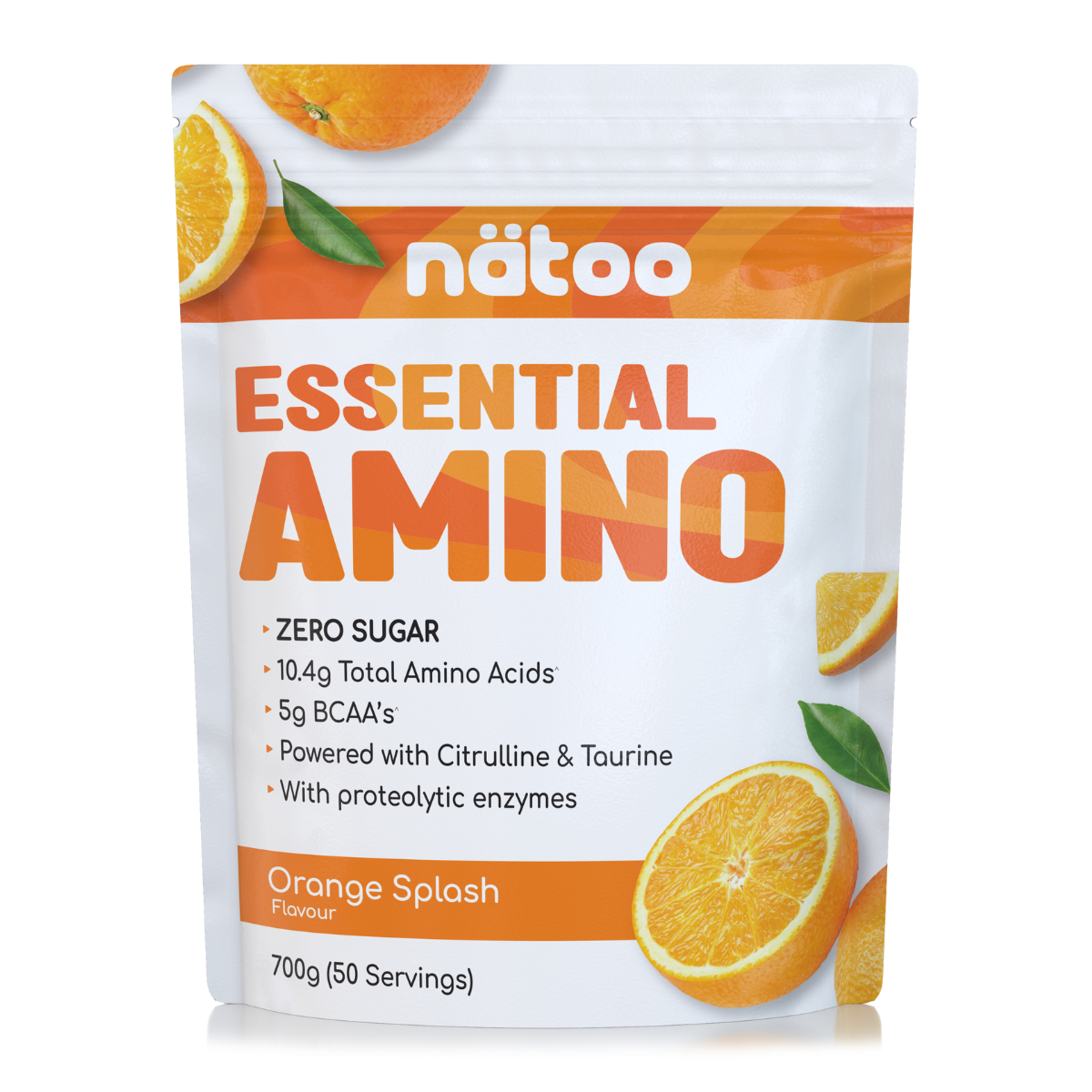 Confezione Nätoo Essential Amino gusto Orange Splash formato 700g (50 porzioni) – integratore di aminoacidi essenziali EAA e BCAA 2:1:1, zero zuccheri, con Glutammina, Citrullina e Taurina ed enzimi digestivi