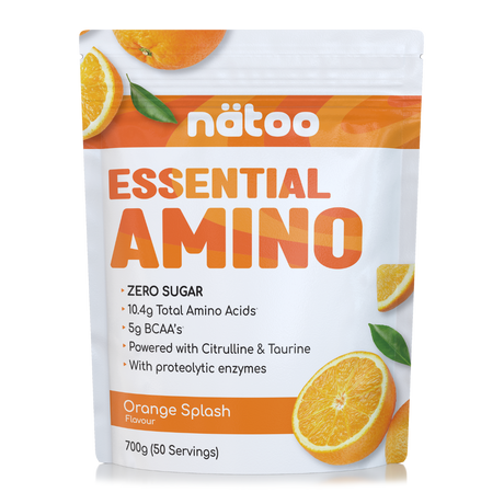 Confezione Nätoo Essential Amino gusto Orange Splash formato 700g (50 porzioni) – integratore di aminoacidi essenziali EAA e BCAA 2:1:1, zero zuccheri, con Glutammina, Citrullina e Taurina ed enzimi digestivi