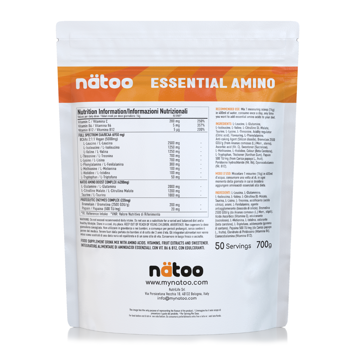 Etichetta posteriore Nätoo Essential Amino gusto Orange Splash 700g con tabella nutrizionale: EAA/BCAA full spectrum 6950mg, Amino Boost Complex (Glutammina, Citrullina Malato, Taurina), Vitamina C 200mg, B6 5mg, B12 5µg, enzimi digestivi Bromelina e Papaina