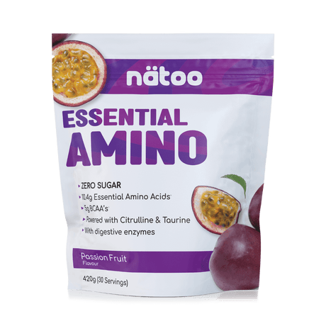 Confezione Nätoo Essential Amino gusto Passion Fruit formato 420g (30 porzioni) – integratore di aminoacidi essenziali EAA e BCAA 2:1:1, zero zuccheri, con Glutammina, Citrullina e Taurina ed enzimi digestivi